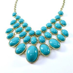 Bib Necklace Statement Piece, Glass Turquoise Cabs